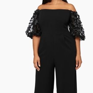 Off-Shoulder Black Jumpsuit with Floral Puff Sleeves